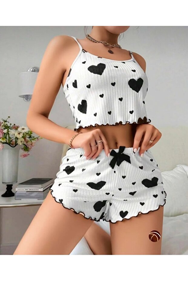 Lily Red/Black Heart Pattern Ribbon Detail 100% Cotton Thin Strap Bustier Shorts Set
