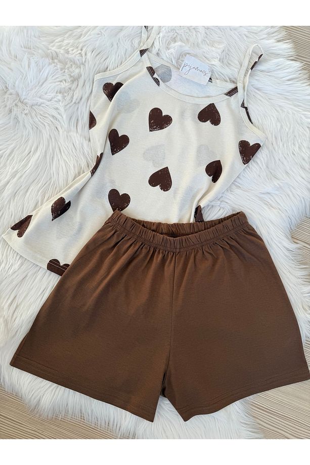 Kahverengi Kalp Desenli Pamuklu İp Askılı Şortlu Pijama Takımı - 5
