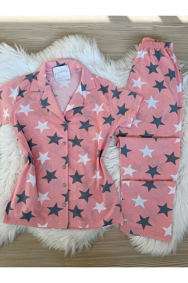 Pembe Yıldız Desenli Pamuklu Kısa Kol Gömlek Yaka Pijama Takımı - 8