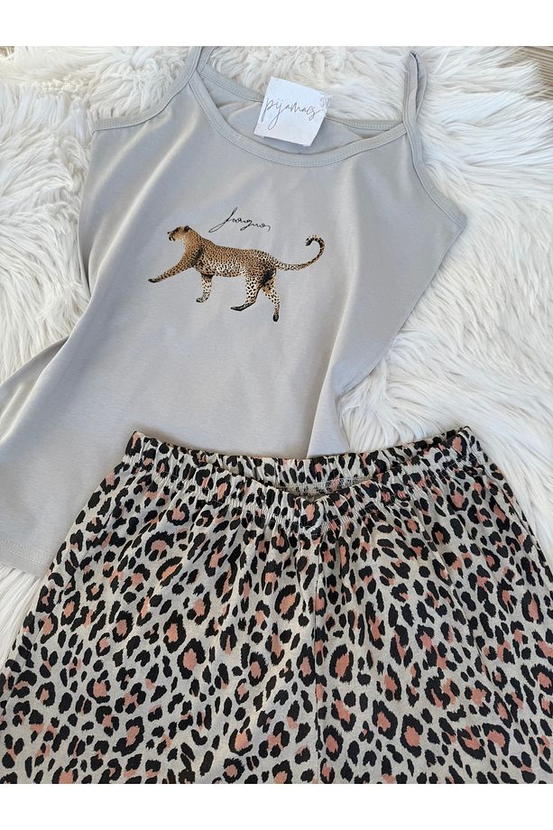 Leopar Desenli Pamuklu İp Askılı Şortlu Pijama Takımı - 4