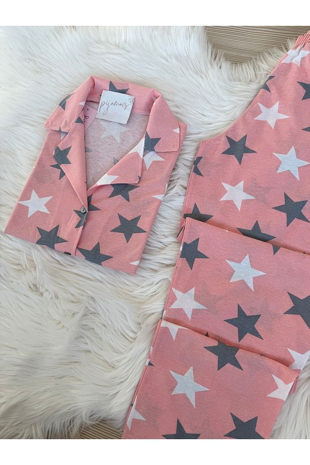Pembe Yıldız Desenli Pamuklu Kısa Kol Gömlek Yaka Pijama Takımı - 5