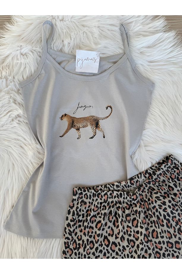 Leopar Desenli Pamuklu İp Askılı Şortlu Pijama Takımı - 8