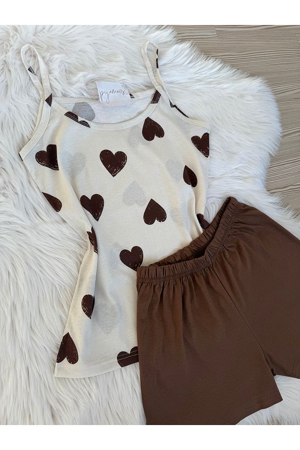 Kahverengi Kalp Desenli Pamuklu İp Askılı Şortlu Pijama Takımı - 3