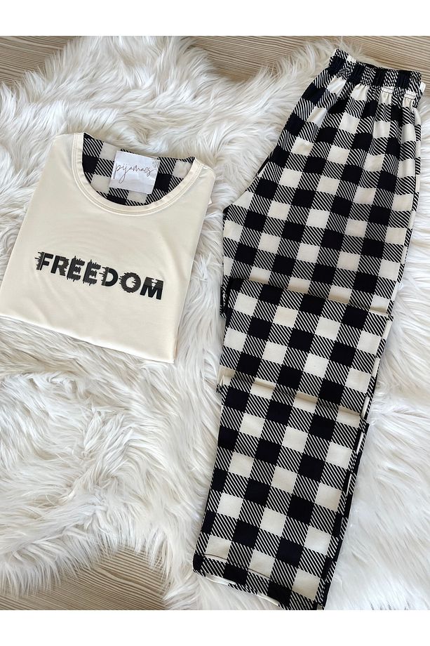 Ekru Ekose Desenli Kısa Kollu Örme Pijama Takımı - 5