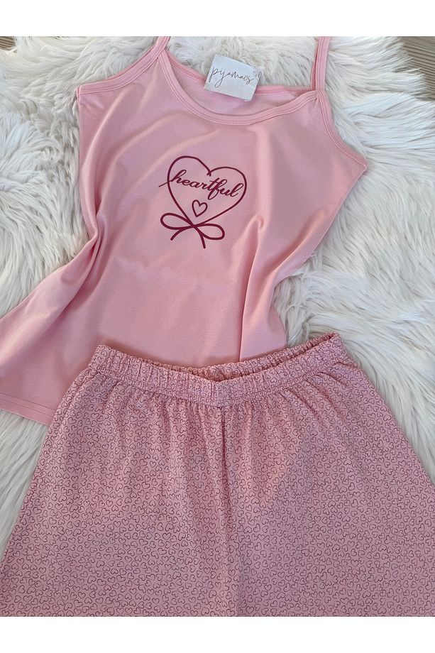Pembe Mini Kalp Desenli Pamuklu İp Askılı Şortlu Pijama Takımı - 6