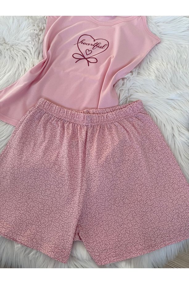 Pembe Mini Kalp Desenli Pamuklu İp Askılı Şortlu Pijama Takımı - 7