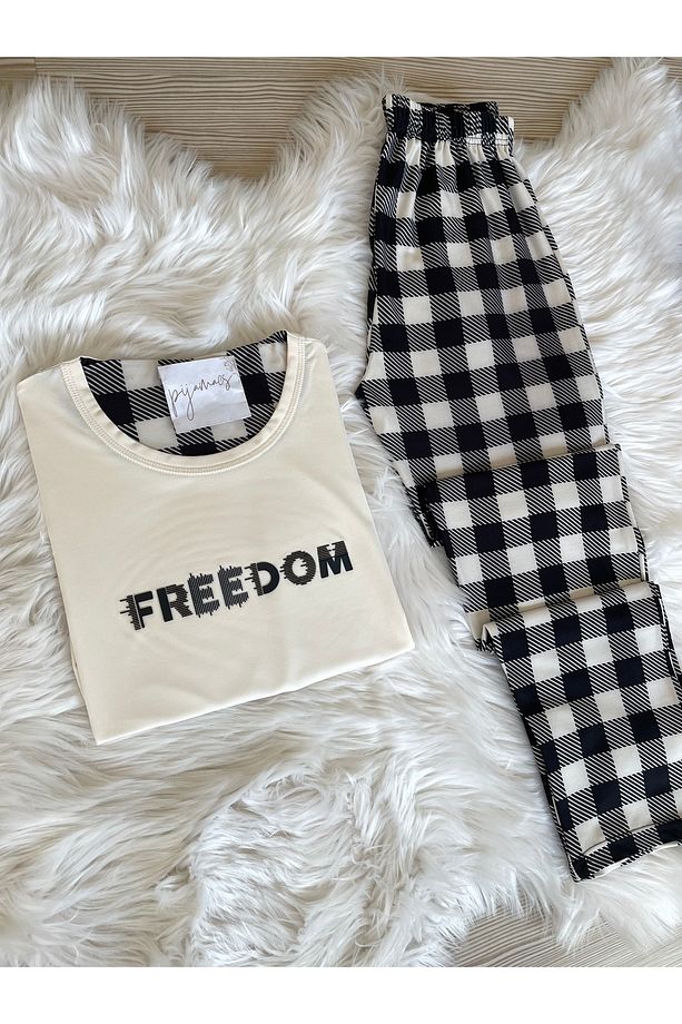 Ekru Ekose Desenli Kısa Kollu Örme Pijama Takımı - 2