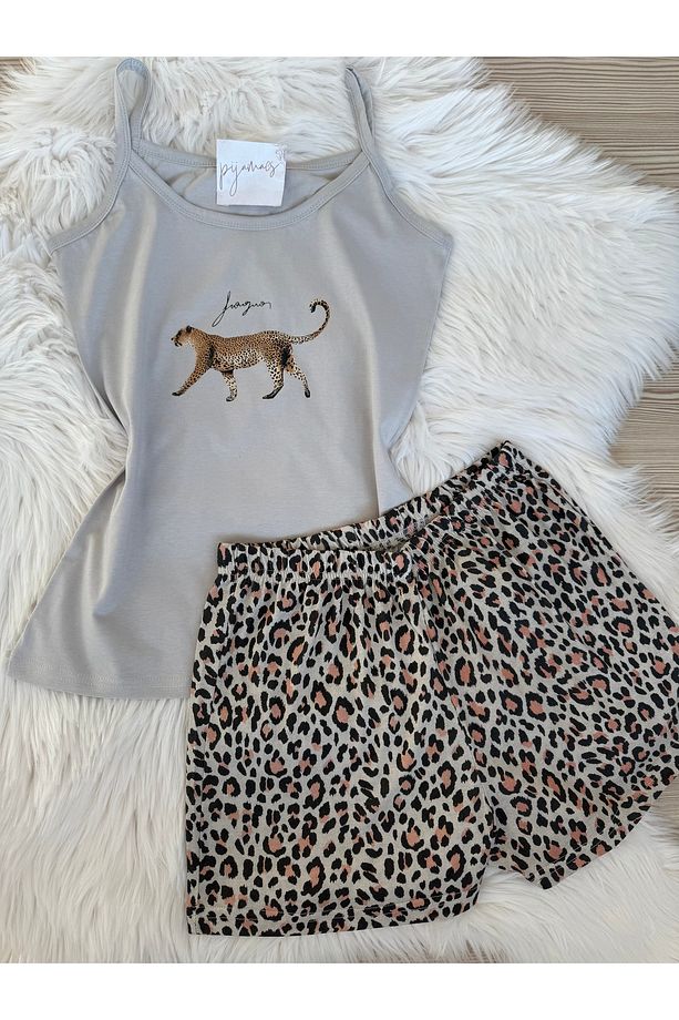 Leopar Desenli Pamuklu İp Askılı Şortlu Pijama Takımı - 2