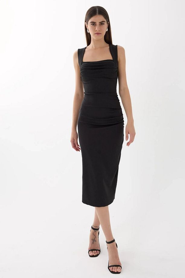 Kare Yaka Bodycon Midi Elbise - 4