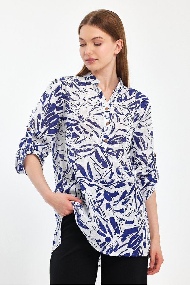 Patterned Long Sleeve Bluz- Half Placket Shirt - Slub - 1540