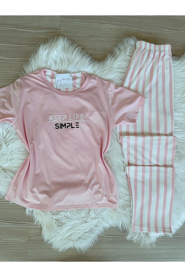Pembe Çizgili Desenli Kısa Kollu Örme Pijama Takımı - 7