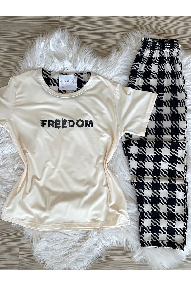 Ekru Ekose Desenli Kısa Kollu Örme Pijama Takımı - 8