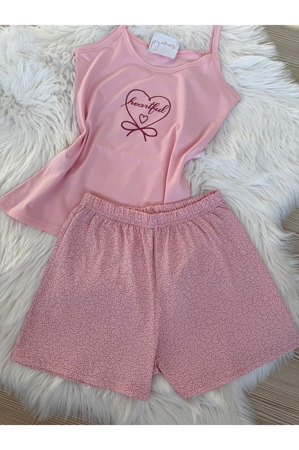 Pembe Mini Kalp Desenli Pamuklu İp Askılı Şortlu Pijama Takımı - 5