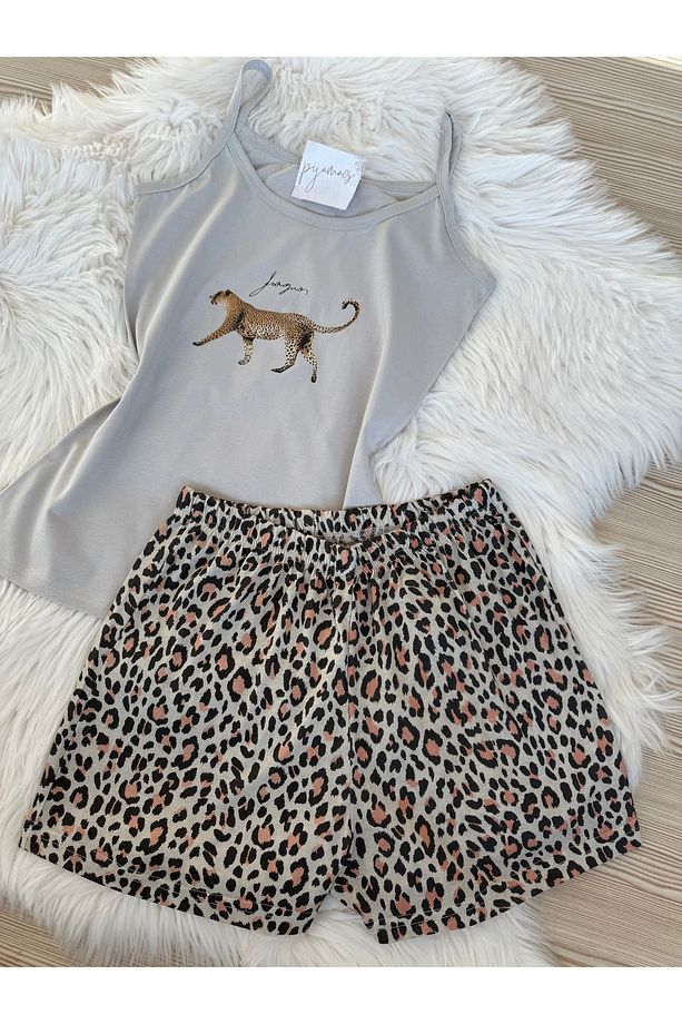 Leopar Desenli Pamuklu İp Askılı Şortlu Pijama Takımı - 3