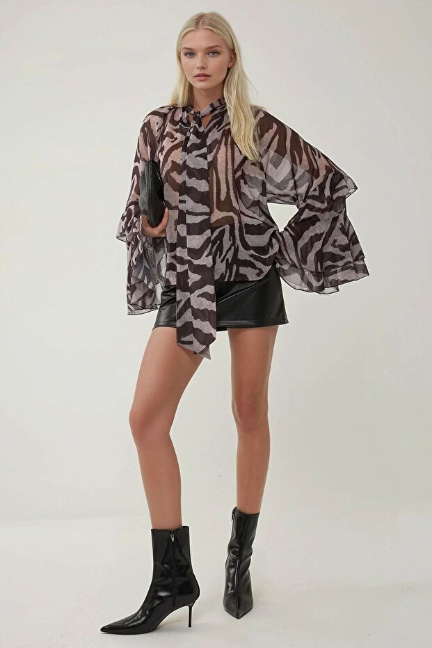 Zebra Desenli Fırfır Kollu Bluz - 4