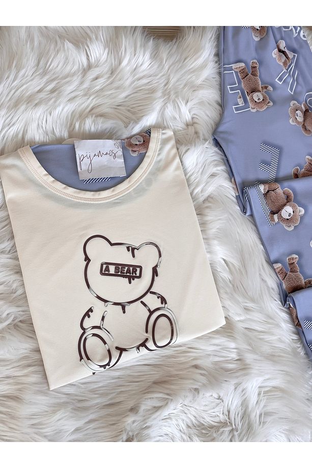 Ekru Ayıcık Desenli Kısa Kollu Örme Pijama Takımı - 4