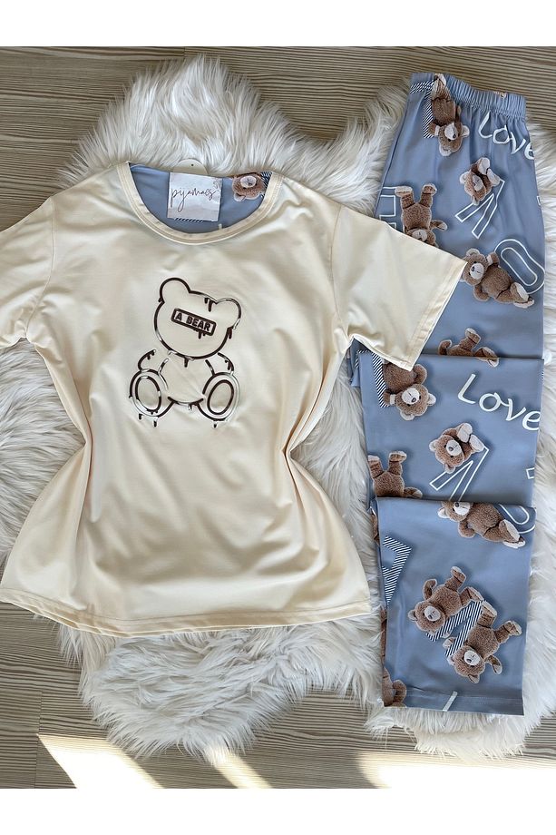 Ekru Ayıcık Desenli Kısa Kollu Örme Pijama Takımı - 8