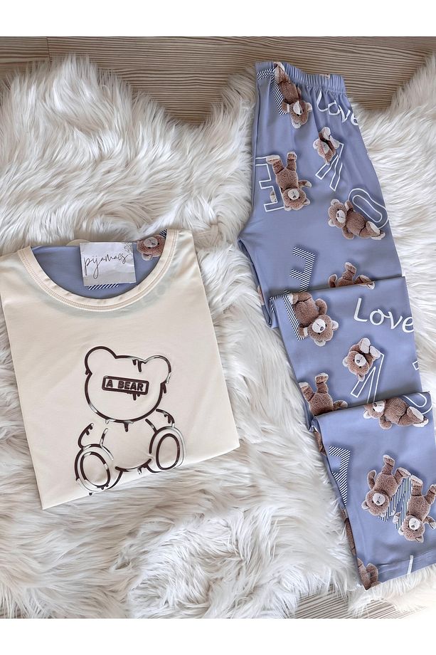 Ekru Ayıcık Desenli Kısa Kollu Örme Pijama Takımı - 2