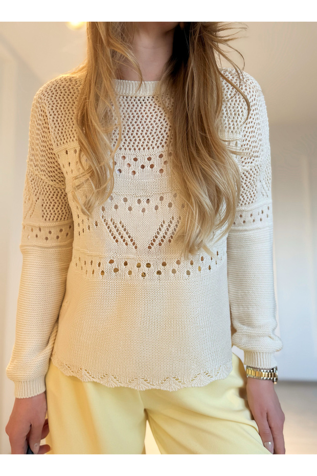 Ekru Ajurlu Kroşe Bluz - 1