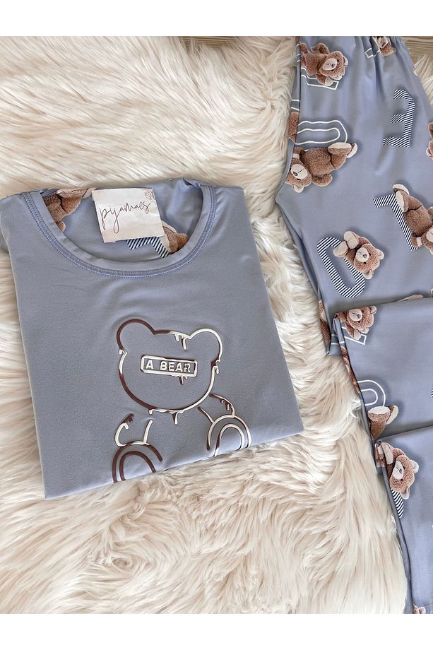 Mavi Ayıcık Desenli Kısa Kollu Örme Pijama Takımı - 4