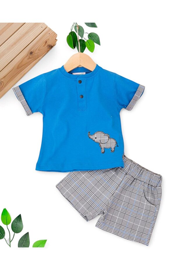 Baby Boy Elephant Embroidered Plaid Shorts Summer Buttoned Judge Collar 6-9-12-18-24 Months Baby Set