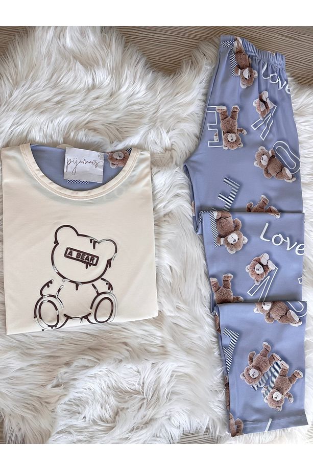 Ekru Ayıcık Desenli Kısa Kollu Örme Pijama Takımı - 3