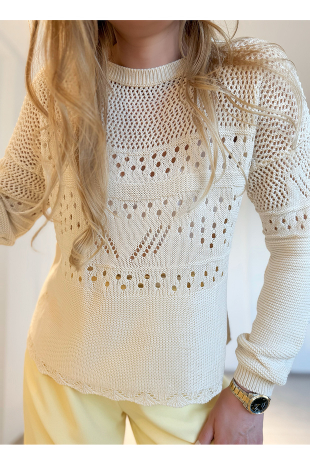 Ekru Ajurlu Kroşe Bluz - 5