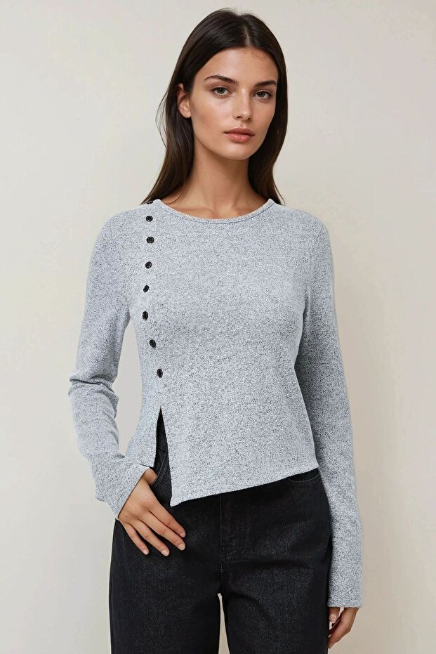 Önü Düğmeli Uzun Kollu Slim Fit Üst - 2