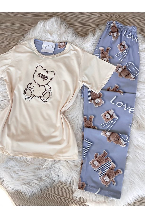 Ekru Ayıcık Desenli Kısa Kollu Örme Pijama Takımı - 7