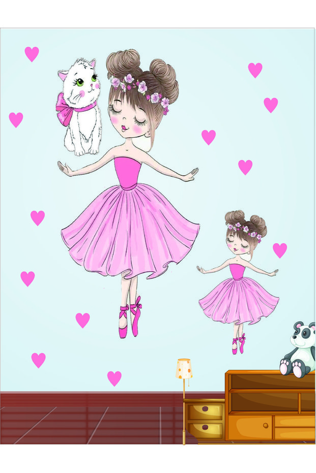 Ballerina Cat and Hearts Kids Room Wall Sticker Set 100X30 cm