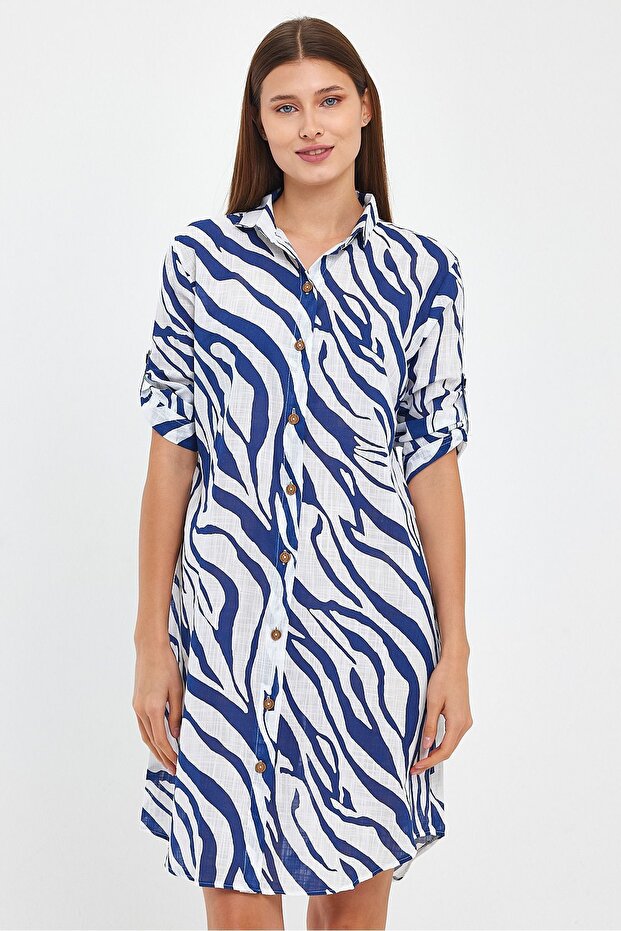 Patterned Three Quarter Sleeve Tunic - Full Button - Slub Tunic - 1550