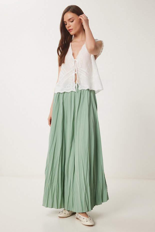 Women's Green Wrinkled Effect Summer Flared Woven Skirt Dd01347