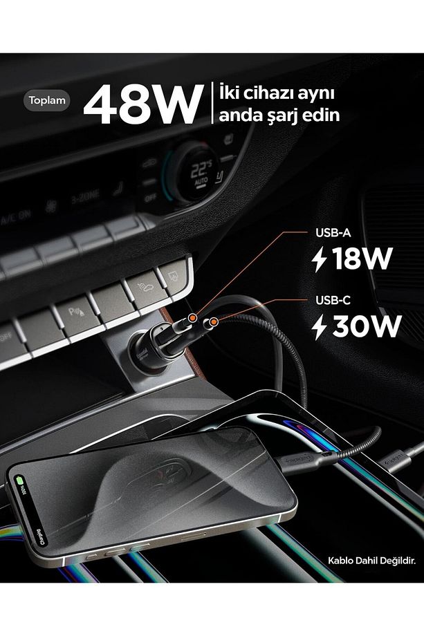 48W USB-C 2 Port Araç içi Hızlı Şarj Aleti PPS Destekli Güç Adaptörü iPhone & Android - ACP08447 - 5