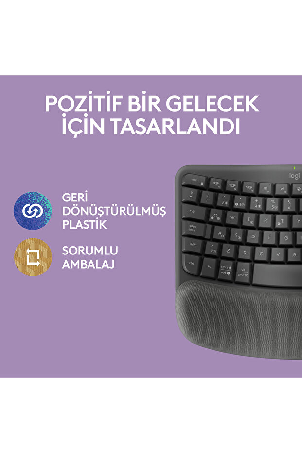 Wave Keys Kablosuz Bluetooth Dolgulu Avuç İçi Destekli Ergonomik Türkçe Q Klavye, Siyah 920-012311 - 9