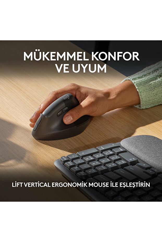 Wave Keys Kablosuz Bluetooth Dolgulu Avuç İçi Destekli Ergonomik Türkçe Q Klavye, Siyah 920-012311 - 8