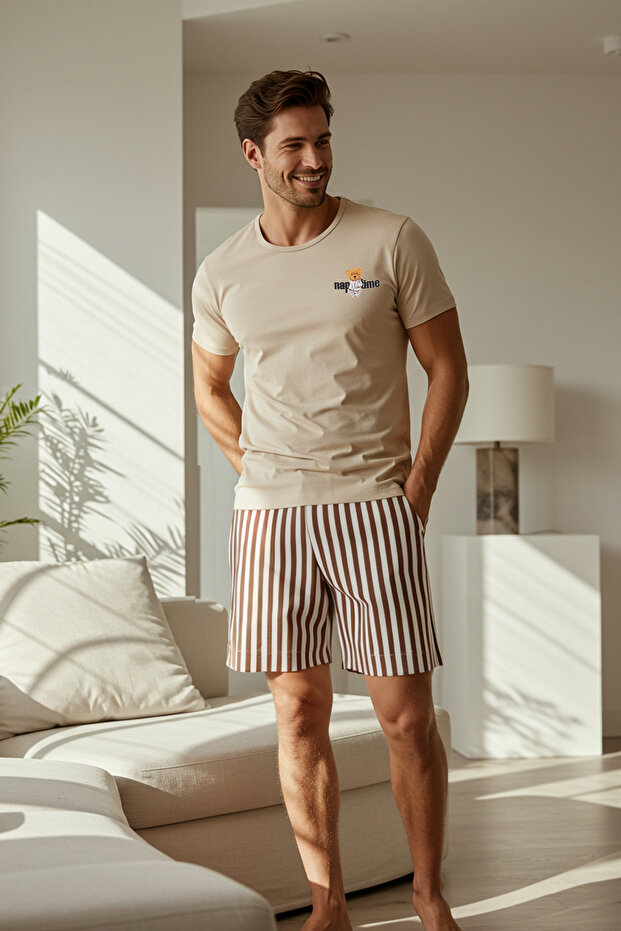 Bej Çizgili Regular Fit Couple/Çift Şortlu %100 Pamuk Örme Pijama Takımı TMNSS24PT00017 - 2