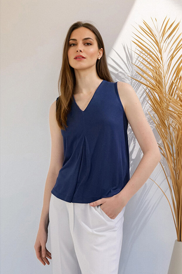 Lacivert More Sustainable Modal Akışkan Kumaşlı Regular Kalıp Pilili Örme Bluz TWOSS25BZ00401 - 3