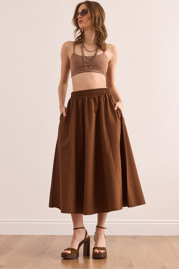 Women's Bitter Brown Pocket Elastic Waist Midi Woven Bell Skirt Etk- 19000271