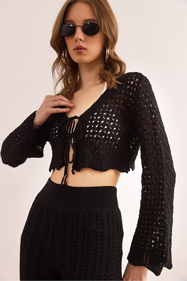 Women's Black Spanish Sleeve Front Lace up Openwork Cardigan Hrk- 19000351