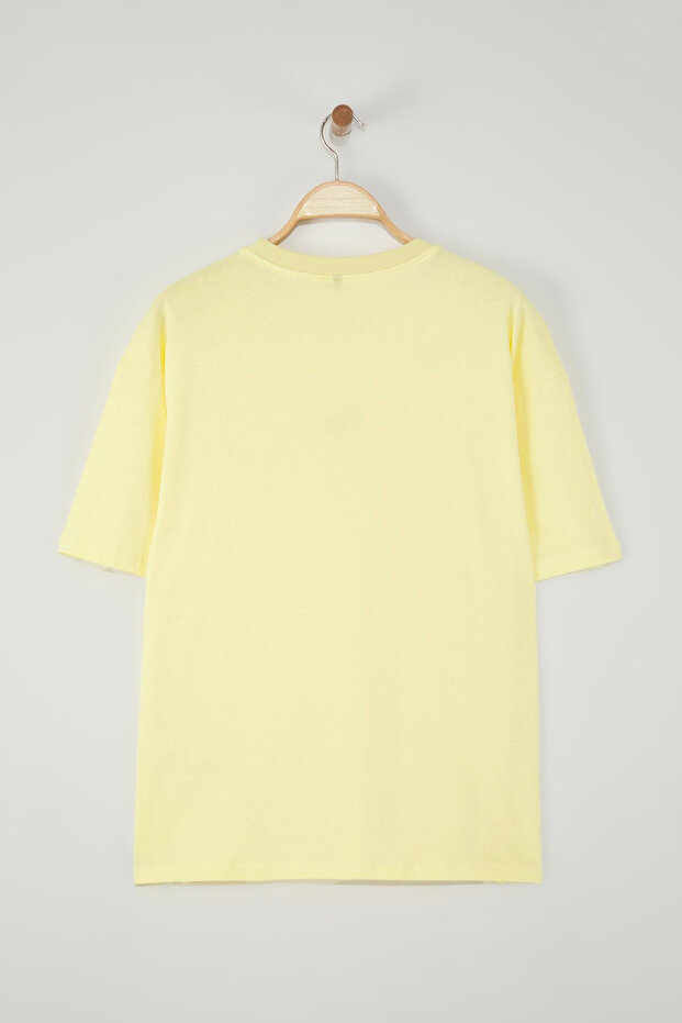 Unisex Sarı Oversize/Geniş Kesim Kısa Kol Dinozor Nakışlı %100 Tok Kumaş T-shirt TMNSS23TS00243 - 5