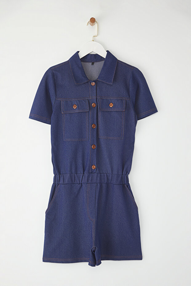 Indigo Denim Görünümlü Düğmeli Kısa Şortlu Tulum TWOSS25TU00044 - 5
