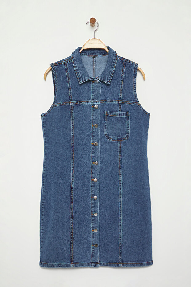 Açık Mavi Gömlek Yaka Cepli Orta Esnek Büyük Beden Denim Elbise TBBSS25AH00088 - 5