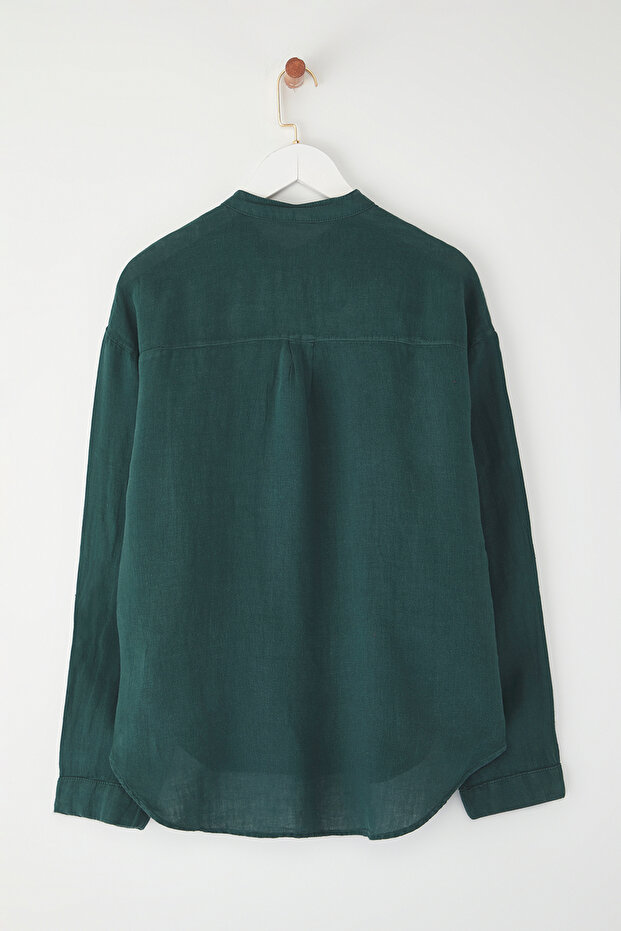 Petrol Yeşili %100 Keten Oversize Gömlek TWOSS25GO00131 - 6