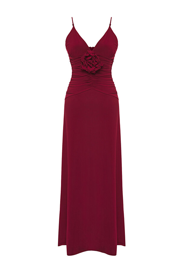 Bordo Gül Detaylı Örme Maxi Şık Abiye Gece Mezuniyet Elbisesi TPRSS25AE00180 - 9