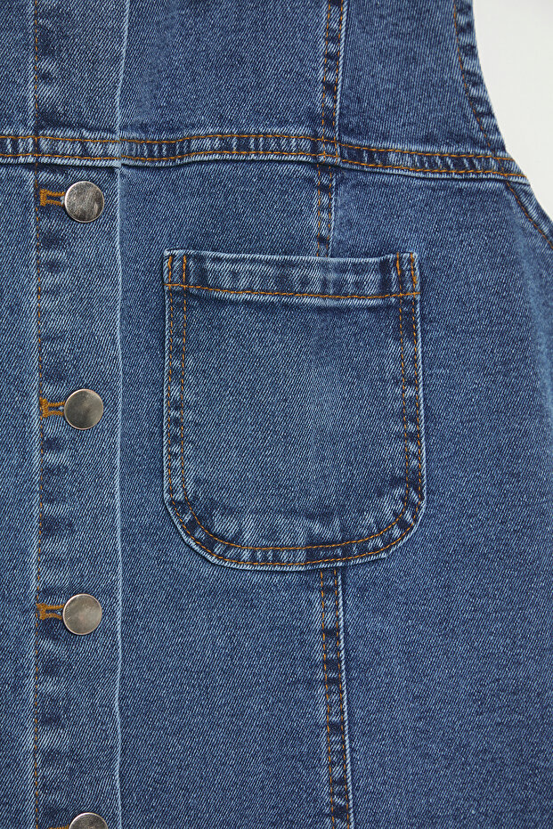 Açık Mavi Gömlek Yaka Cepli Orta Esnek Büyük Beden Denim Elbise TBBSS25AH00088 - 6