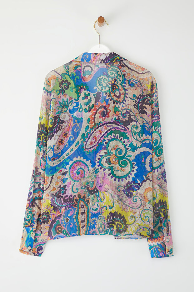 Çok Renkli Uzun Kollu Oversize Desenli Şifon Gömlek TWOSS25GO00153 - 6