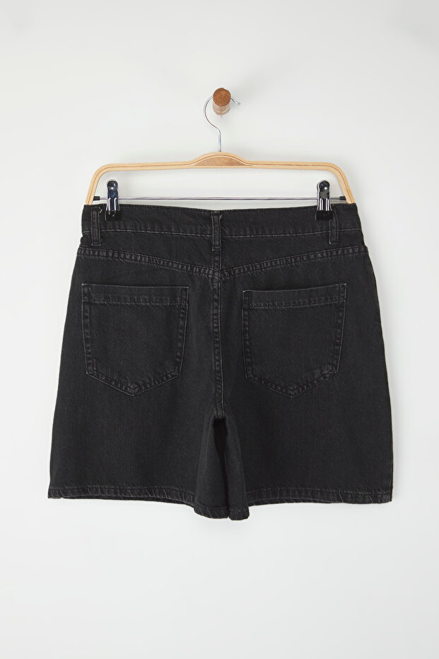Siyah Yüksek Bel Pileli Denim Bermuda TWOSS25SR00179 - 6
