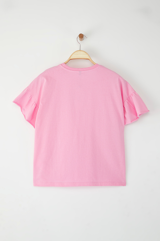 Pembe %100 Pamuk Fırfır Detaylı Basic Bisiklet Yaka Örme T-Shirt TWOSS22TS2429 - 6