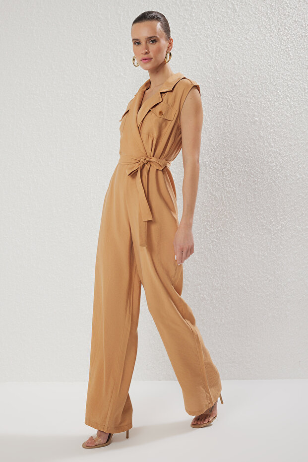 Camel More Sustainble Modal Kuşaklı Geniş Paça Tulum TWOSS25TU00030 - 2