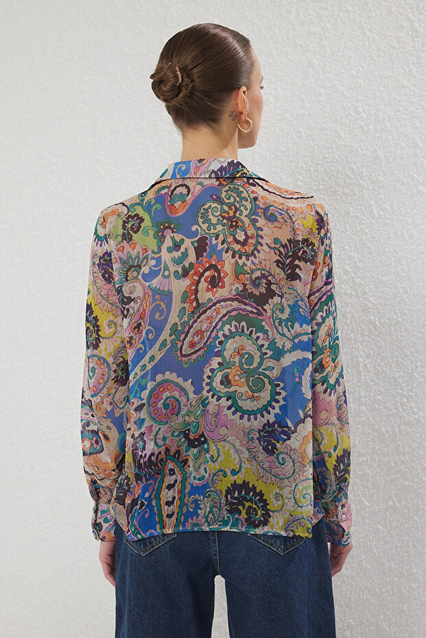 Çok Renkli Uzun Kollu Oversize Desenli Şifon Gömlek TWOSS25GO00153 - 4